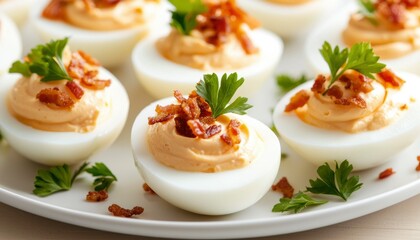 Deviled eggs garnished with bacon and parsley