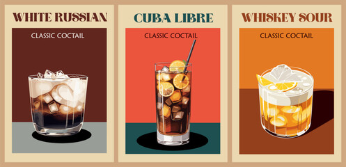 Cocktails retro poster set. White Russian, Cuba Libre, Whiskey Sour. Collection of popular alcohol drinks. Vintage flat vector illustrations for bar, pub, restaurant decoration, kitchen wall art print