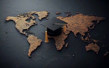 Graduation cap on world map, global education