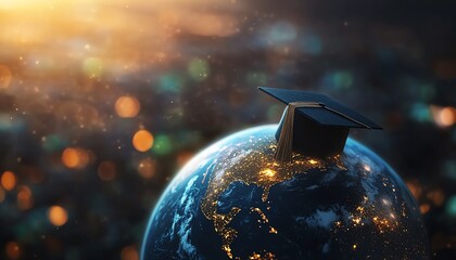 Graduation cap on Earth, symbolizing global education and academic achievement, interconnected world, hightech design, modern visuals, detailed and vibrant render
