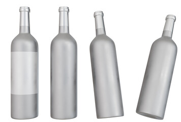 Four wine bottles, various angles, studio shot, showing different positions