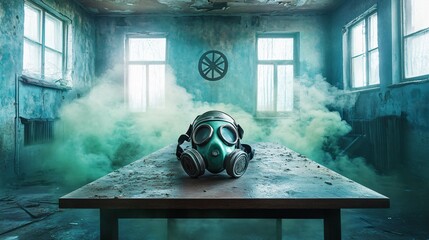 Day of Remembrance for Victims of Chemical Warfare-"Conceptual Image of Gas Mask on Table in Room Filled with Ominous Greenish Smoke Representing Chemical Protection
