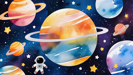 Naklejka premium Cute Outer Space Birthday Scene with Astronauts, Stars, and a Cosmic Sky