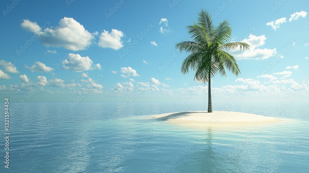 Poster a single tall palm tree standing on a small island in the middle of the ocean