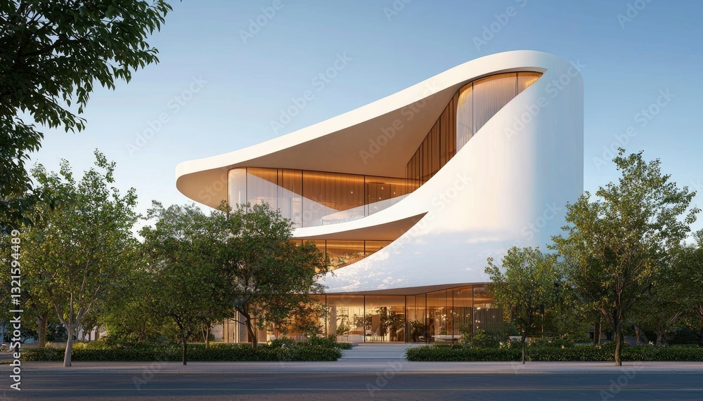 Poster modern building with trees