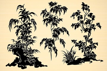 Decorative black silhouette artwork of various plants with leaves and stems
