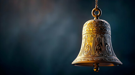Obraz premium Ornate Gold Bell Hanging Against Dark Background With Dramatic Lighting And Detailed Texture In Close-Up View