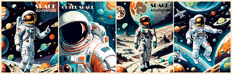Astronaut in space retro Poster, background, cover. Space and the universe concept. Cosmonaut in spacesuit flying in galaxy with stars and planets. Vintage style vector colorful illustration.
