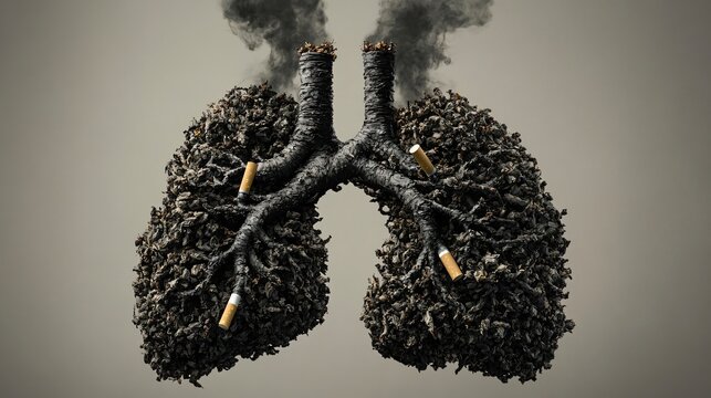 World No Tobacco Day-Conceptual Human Lungs Illustration Made from Tobacco Leaves and Cigarette Butts with Smoke Impact Symbol