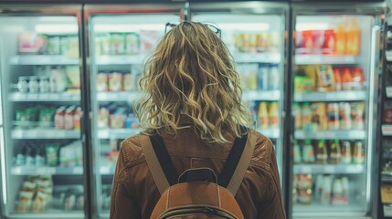 Woman selecting food from refrigerated display in grocery store