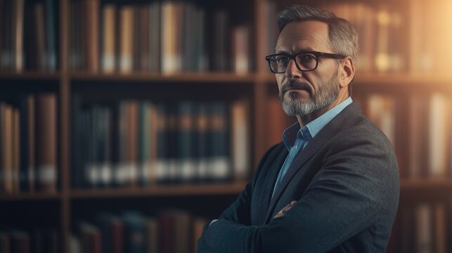 A person in a suit and tie standing next to a bookshelf, ideal for use in office or professional settings