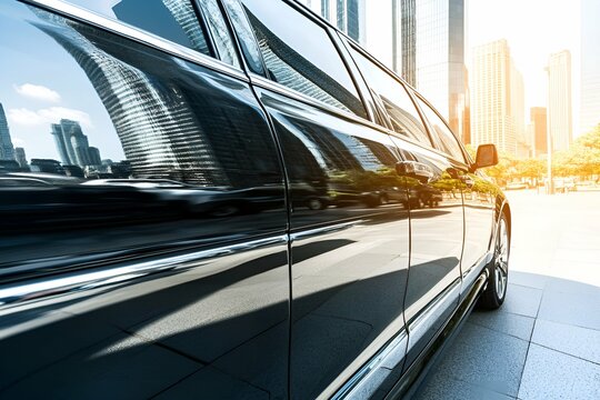 Luxury black car reflecting modern skyscrapers on its glossy surface in an urban setting. The cityscape, captured with a dynamic angle, emphasizes speed, business, and contemporary lifestyle in a fina