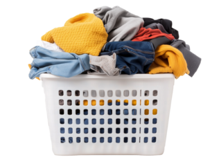 Colored clothes overflowing in a white plastic garbage can isolated on a transparent background