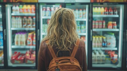 Woman selecting beverages in a grocery store cooler