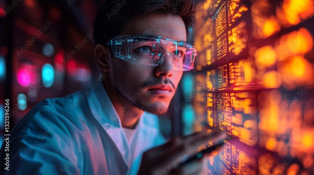 Poster A researcher examines quantum data on a vibrant display, delving into concepts of qubits, superposition, and entanglement during a lab experiment focused on quantum physics.