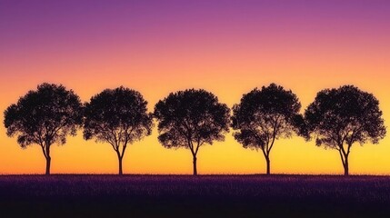 Obraz premium A silhouette of a tree line at sunset, with hues of orange and purple in the sky. 