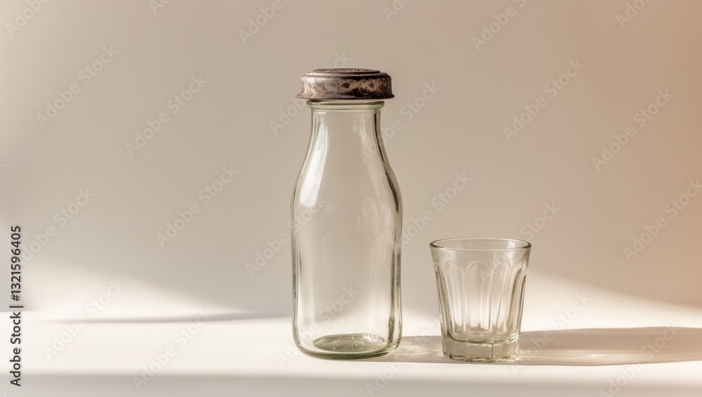Poster glass bottle and clear glass on a light surface capturing soft shadows in a calm setting