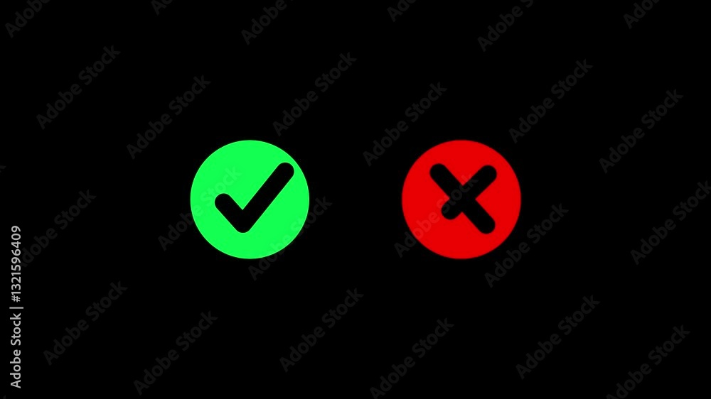 Poster tick or check mark and cross mark signs icon animation. green tick ok and red x cross. yes and no di