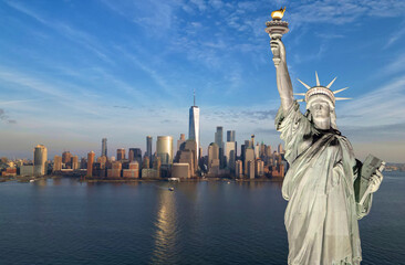 statue of liberty in front of new york city skyline composite photo (lady liberty freedom symbol sculpture built by french) nyc manhattan downtown cityscape harbor waterfront hudson east river