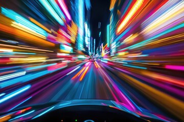 A racer speeding through a city of neon lights