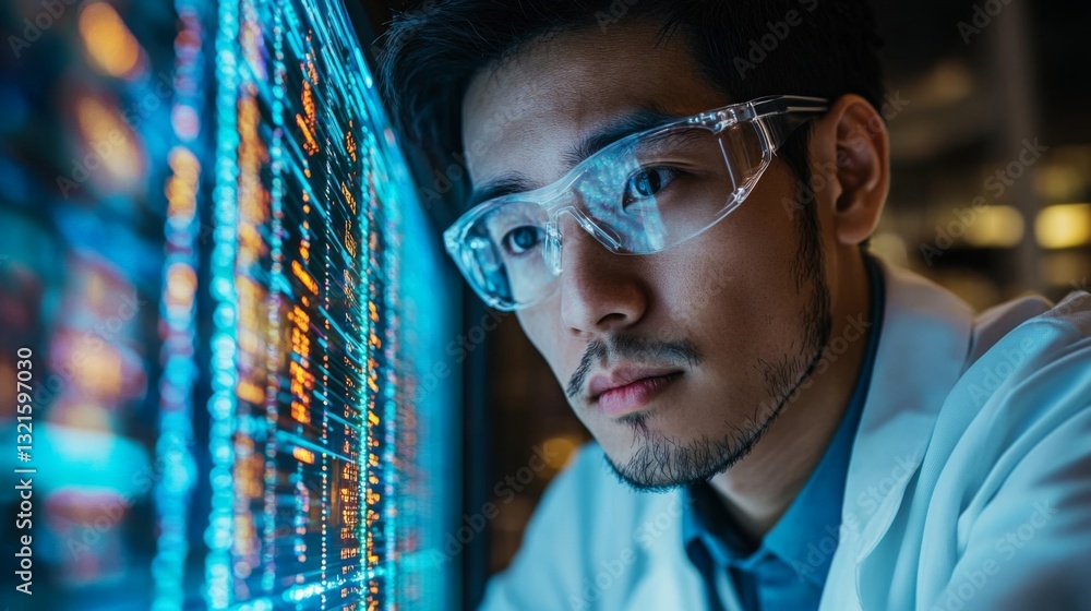 Poster A researcher analyzes quantum simulations on a display, focusing on qubits and their behavior in superposition and entanglement during an experiment in a physics lab.