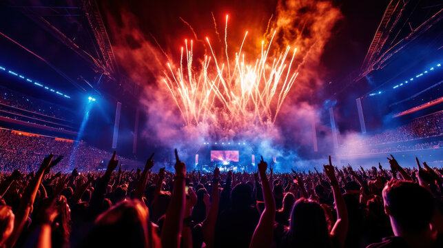 Epic concert atmosphere with fireworks and cheering crowd - Powered by Adobe