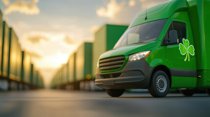 A green delivery truck parked among shipping containers at sunset, symbolizing logistics and transportation.