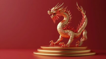 Fototapeta premium Golden Dragon on Red Podium, Decorative, Visual Aid