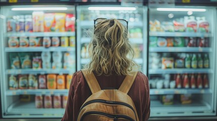 Woman shopping at refrigerated food display in store