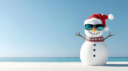 Whimsical Snowman in Santa Hat and Sunglasses on Tropical Beach with Clear Blue Sky and White Sand During Christmas Vacation