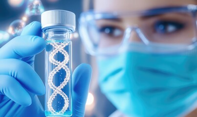 Close-up of a gloved hand holding a test tube with DNA. Inside the tube is a liquid with a double helix. In the blurred background is a woman's face wearing lab glasses and a mask.