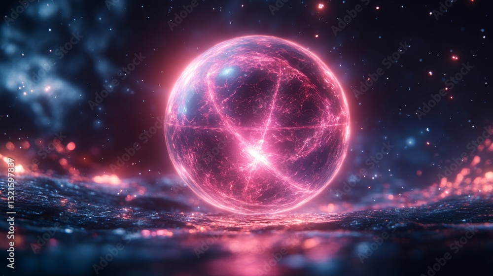 Aufkleber A vibrant cosmic sphere symbolizes quantum mechanics concepts like qubits and superposition, set against a starry backdrop with swirling energies.