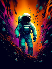 A lone astronaut in a spacesuit floating amidst a vibrant, swirling vortex of fiery orange and cool blue colors, creating a dramatic and surreal scene.