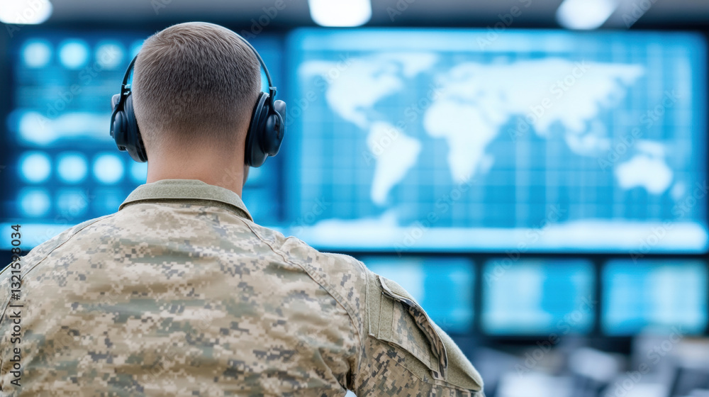 Poster a soldier in headphones monitors global data on screens in a high-tech command center, emphasizing m