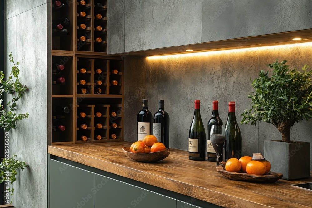 Poster elegant wine and fruit display on a wood countertop with a wine rack and a decorative tree creating 