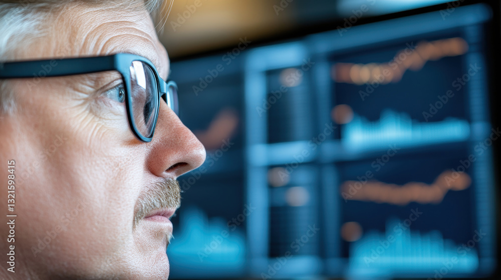 Poster a focused individual analyzes data on multiple screens, showcasing a professional setting related to