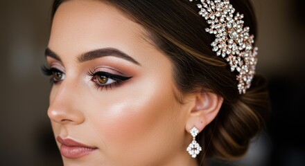 Elegant bridal look with detailed makeup and accessories 