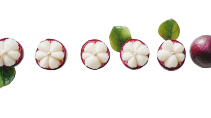 Sliced mangosteen display tropical fruit market food photography bright environment close-up view culinary delight
