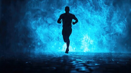 Naklejka premium A silhouette of a man running, set against an abstract glowing blue background 