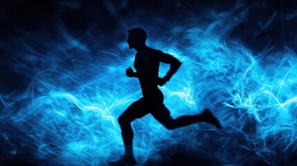 Naklejka premium A silhouette of a man running, set against an abstract glowing blue background 