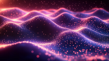3d render of abstract futuristic background with glowing medium particles and big dots waves, gradient colorful flowing landscape with night sky
