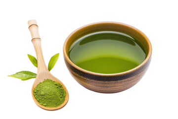 Green Tea Extract and Powder in Bowl with Spoon on White Background
