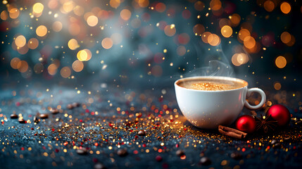 Warm Christmas Cup with Bokeh Lights and Sparkles