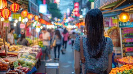 Woman strolling through bustling Asian market at night