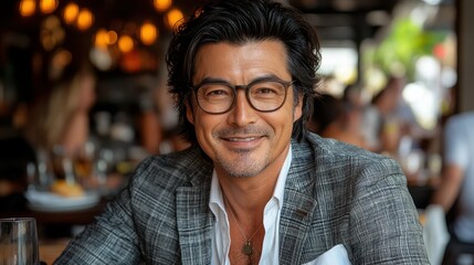 Fototapeta premium A well-dressed man with glasses sits at a table smiling while dining in a trendy restaurant. The ambiance is inviting with warm lights and a bustling crowd in the background