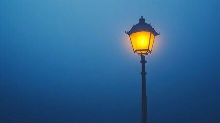 Elegant vintage style streetlight illumination glowing warmly in the misty twilight scene