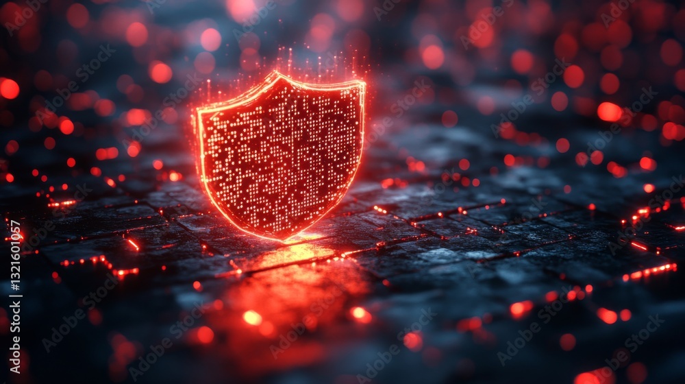 Aufkleber A digital shield glows in red against a dark background, symbolizing advanced quantum encryption methods. It portrays key concepts like qubits, superposition, and entanglement, emphasizing security.