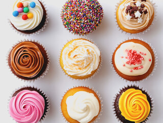 Colorful variety of beautifully decorated cupcakes in an overhead composition showcasing their unique designs and toppings