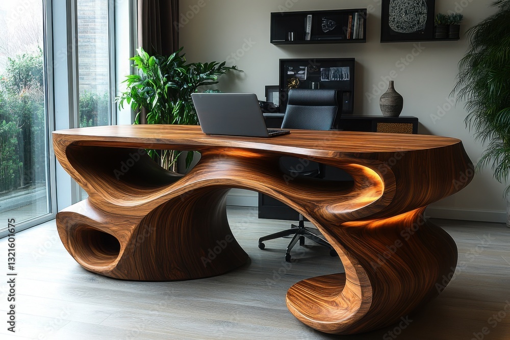 Aufkleber sculptural wooden desk in a modern workspace blending art and function with its unique design and sm
