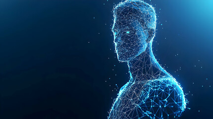 Digital Human Representation With Glowing Particles and Wireframe Mesh in Dark Blue Background for Futuristic Technological Concepts